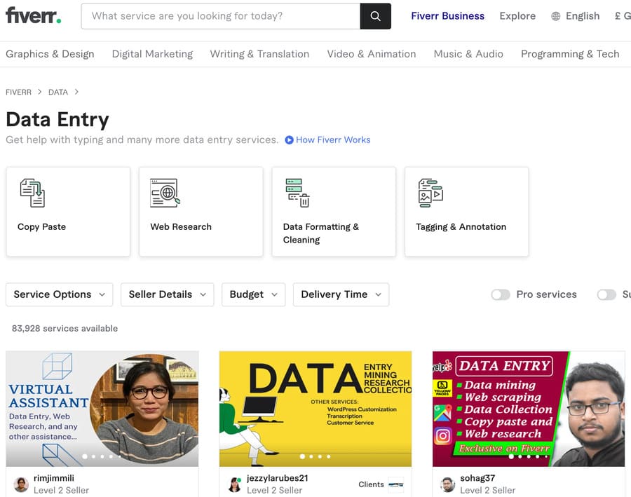 data entry job screenshot from fiveer