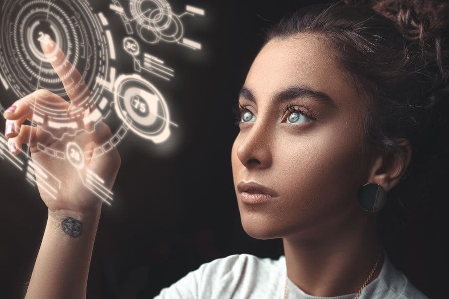 woman looking at projected gears 