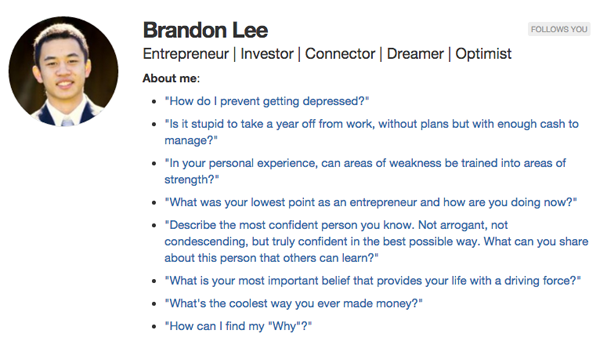 quora profile bio - brandon lee