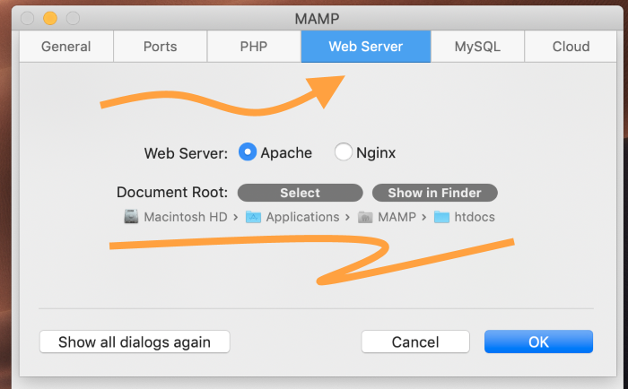 In MAMP settings, select Web Server tab