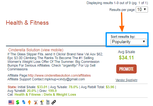 ClickBank sort results