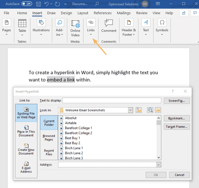 how to make a hyperlink insert link window