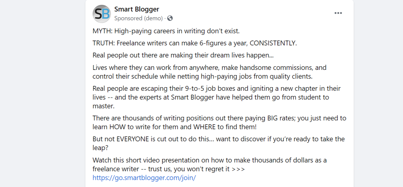 Facebook post written by copywriter